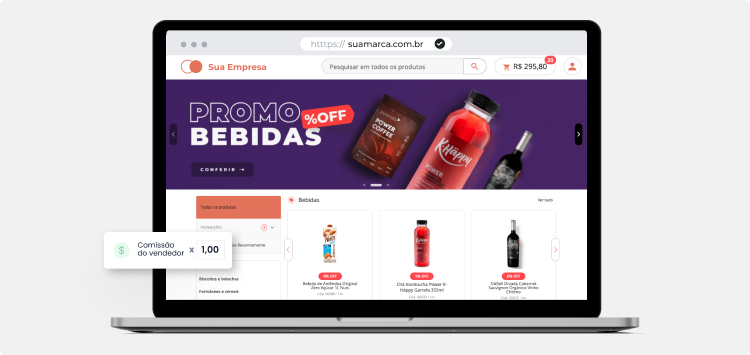 Mockup de e-commerce B2B da Mercos, mostrando bebidas fictícias à venda, chás e leites vegetais