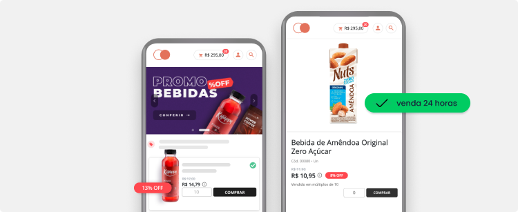 Imagem mostrando que o e-commerce B2B da Mercos também funciona pelo celular. É possível ver um leite de amêndoas e um chá à venda na tela do aparelho fictício