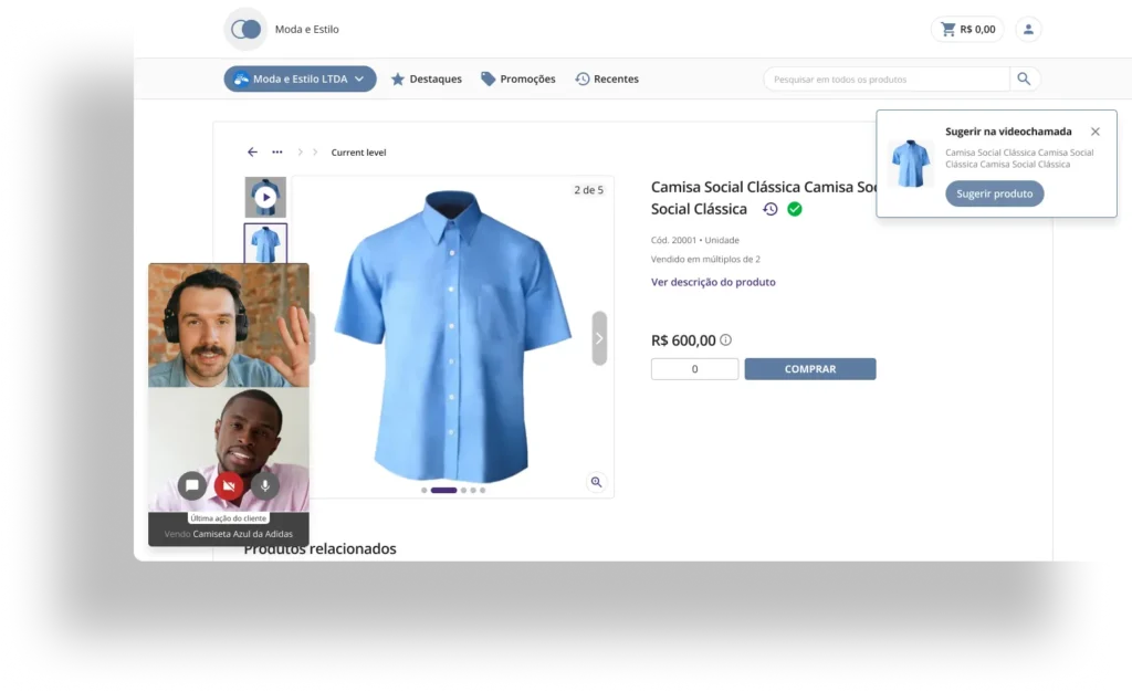 Alguns dos melhores produtos para representação comercial são roupas e calçados. A imagem mostra um e-commerce B2B da Mercos com um vendedor vendendo uma camisa a um cliente por meio do recurso Videochamada, que permite a venda dentro do site "cara a cara", com experiência de presencial.