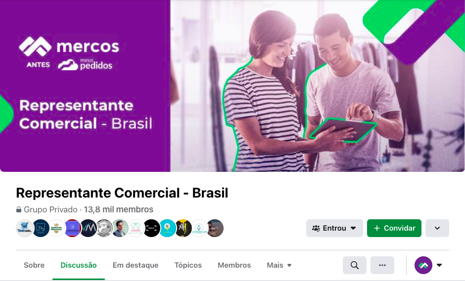 Imagem mostrando a capa do grupo Representante Comercial - Brasil, que conta  com mais de 13 mil mebors, divulgação de vagas e conteúdo de qualidade.
