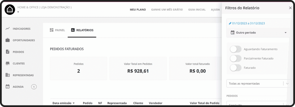 Nesta imagem, mostramos o relatório de vendas do Mercos com os filtros aplicados para oferecer mais praticidade em suas análises.
