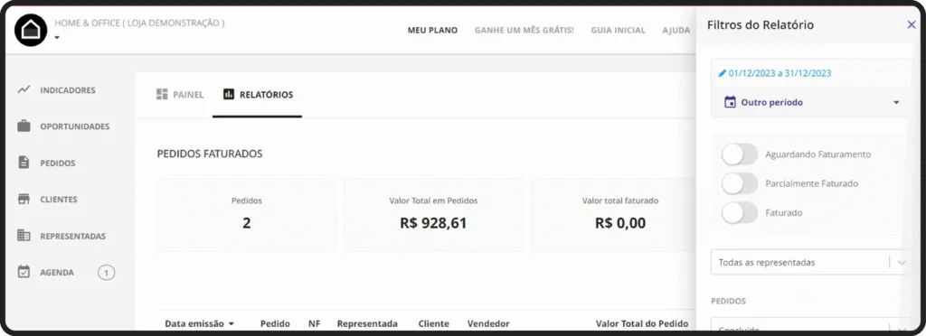 Nesta imagem, mostramos o relatório de vendas do Mercos com os filtros aplicados para oferecer mais praticidade em suas análises.