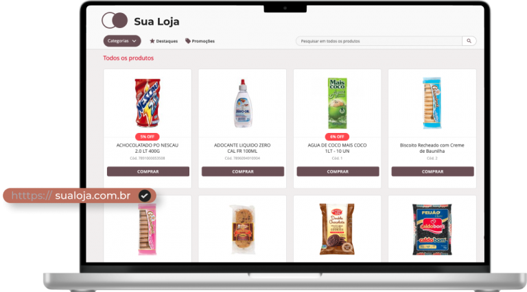 O e-commerce B2B ajuda a fidelizar clientes porque permite que tenham mais flexibilidade ao comprar de você. Na imagem há um exemplo fictício de loja virtual para o B2B, mostrando produtos alimentícios para venda.