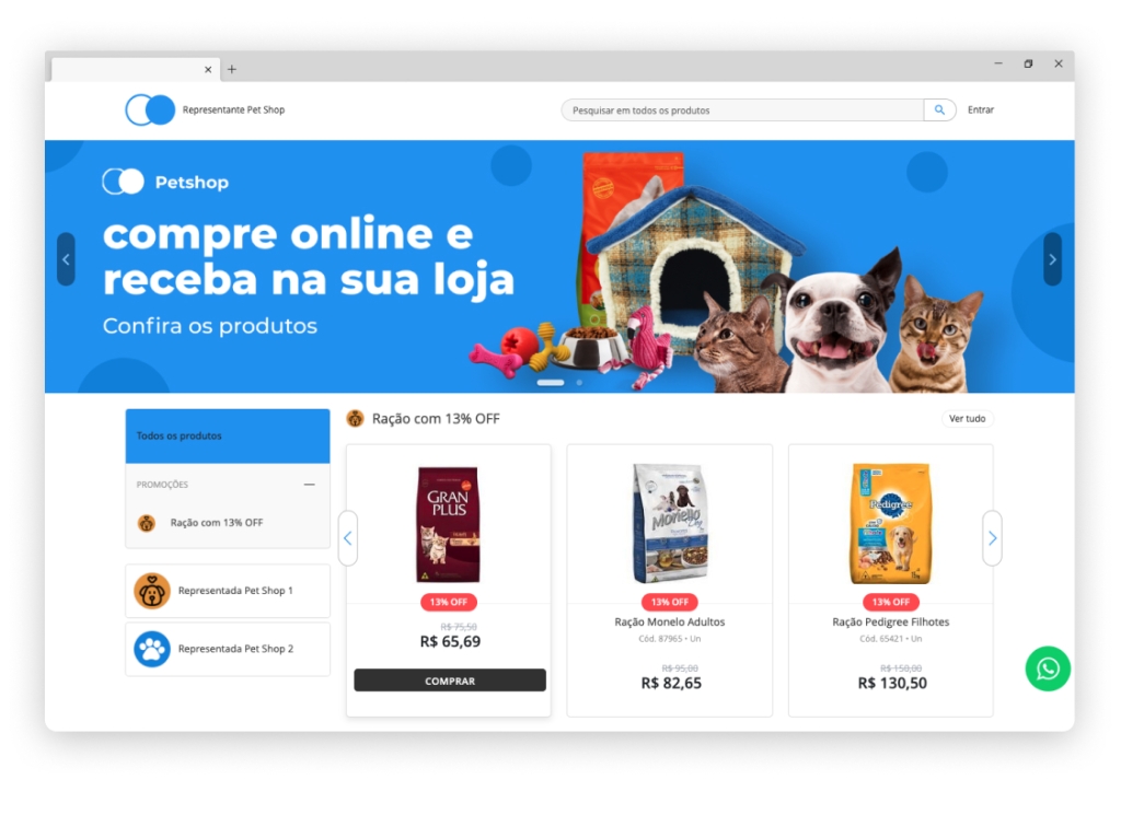 E-commerce B2B da Mercos. A imagem é de uma tela azul e branca com cães, gatos e produtos de petshop a venda. A tela é um exemplo de um petshop que decidiu vender online para seus clientes com ajuda da Mercos.