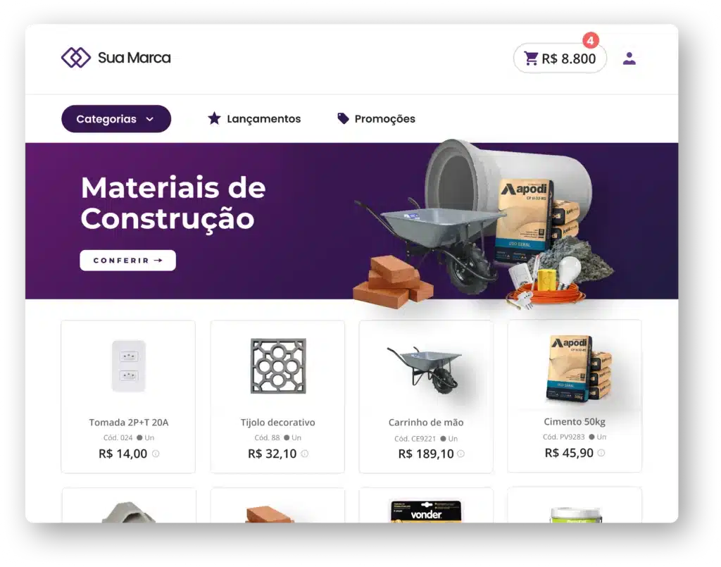 Exemplo de SaaS B2B Mercos, que é uma loja virtual por onde você pode vender mais e melhor. Na imagem é possível ver uma loja de materiais de construção, com tijolos e equipamentos no topo do banner e o logo Sua Marca.