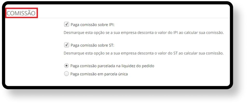 Nesta imagem, temos a tela de comissões com a adção de impostos do sistema de vendas Mercos.