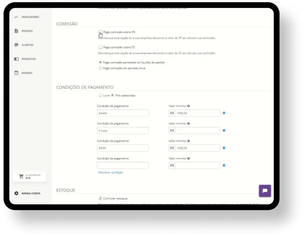 Nesta imagem, mostramos o painel de configurações extras para o pagamento de comissões do sistema de vendas Mercos que oferece mais flexibilidade aos gestores comerciais.