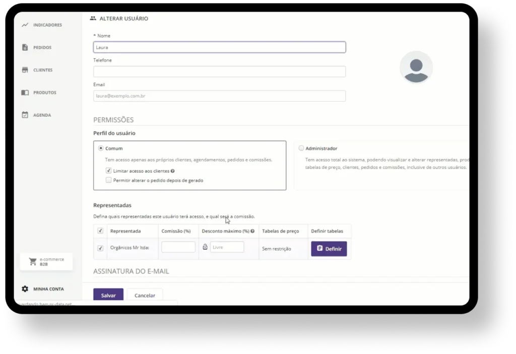 Nesta imagem, temos o painel de configurações de comissão do sistema de vendas Mercos. Onde você pode configurar as regras de comissões que serão aplicadas em sua operação comercial.