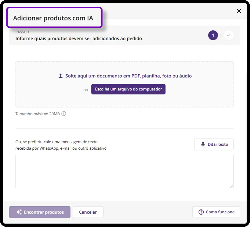 Nesta imagem, mostramos a interface do Pedidos com IA do sistema de vendas Mercos, onde é possível reduzir o tempo de emissão de pedidos em até 90%. Sendo uma das melhores ferramentas para WhatsApp.