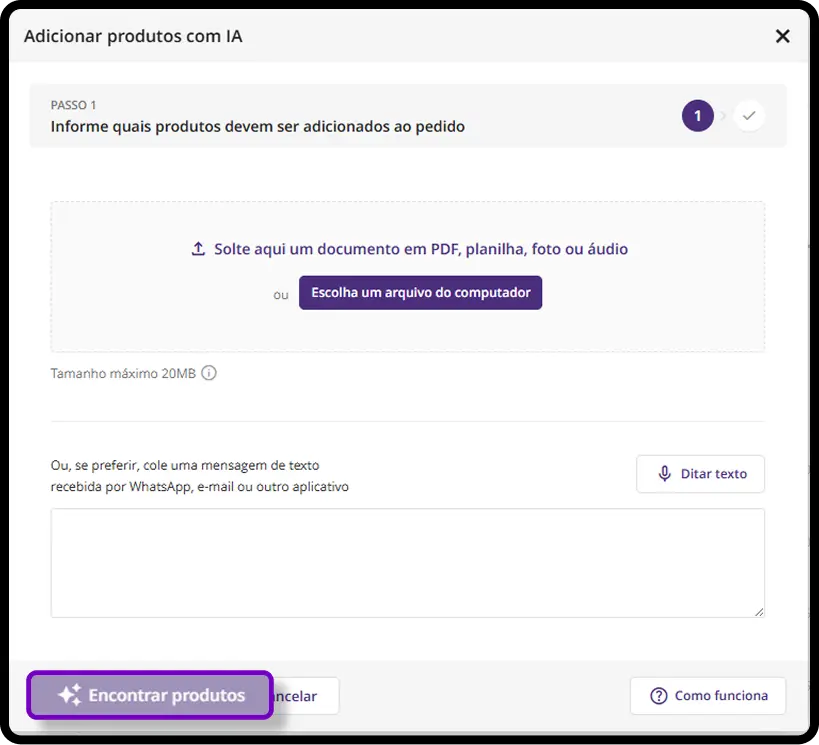 Nesta imagem, temos a interface do Pedidos com IA da Mercos, onde é possível automatizar a emissão de pedidos e acelerar o atendimento ao cliente com o apoio do script de vendas WhatsApp.