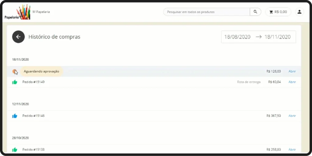 Imagem de histórico de compras do sistema de vendas Mercos. Ela mostra o status de pedidos e valores de compras realizadas entre agosto e novembro de 2020.