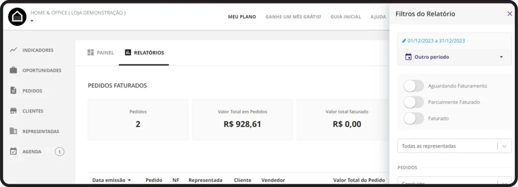 Tela de relatórios de pedidos faturados do sistema de gestão de pedidos Mercos, destacando o total faturado e as oportunidades de negócios.