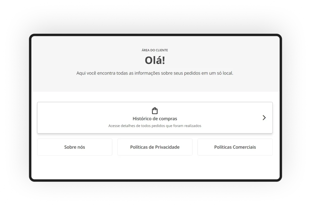 Interface do Portal de Clientes do Mercos. Nesta imagem, vemos diferentes informações, como:
1. histórico de compras;
2. políticas comerciais.O fundo é escuro, com texto claro e botões organizados de maneira clara para facilitar a gestão de pedido.