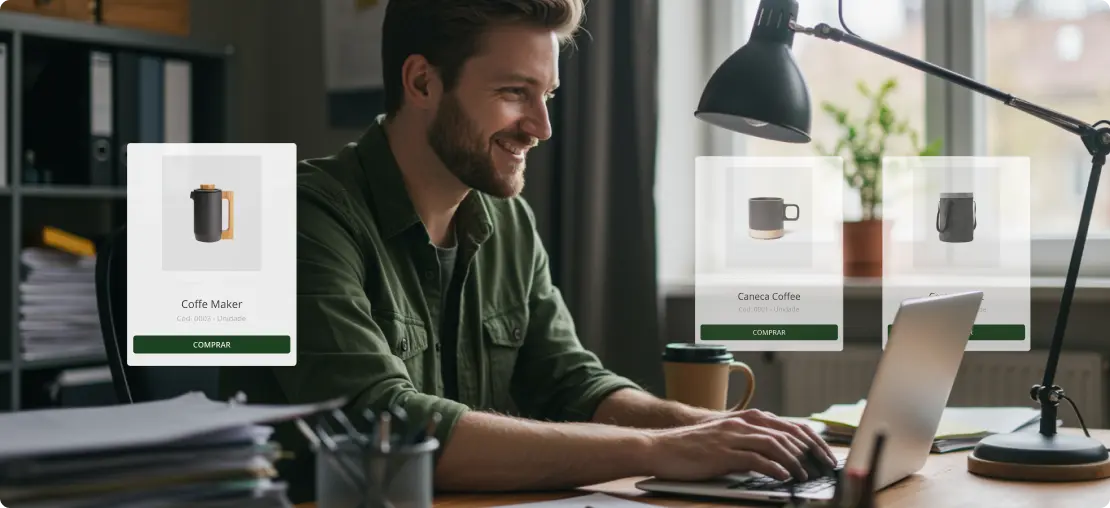 homem investindo na retenção de clientes b2b usando o Mercos, em frente ao computador, navegando e personalizando seu e-commerce b2b