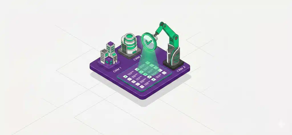 Máquina analisando 3 tipos de CRM e passando pela checklist para escolher o sistema ideal para indústria e distribuidora