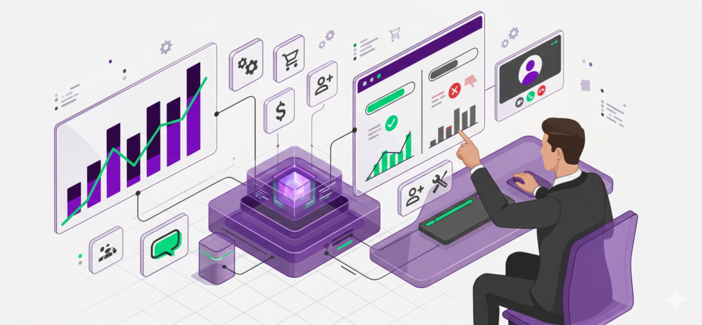 representante comercial analisando o melhor CRM para representante comercial para sua operação pessoal, avaluiando suas necessidades de dados e informações à mão para atender seus clientes. o representante está de terno, sentado em frente ao computador e vendo diversos indicadores à frente dele, fora da tela, representando o alcance grande do CRM. Ele vê gráficos roxos e verdes.